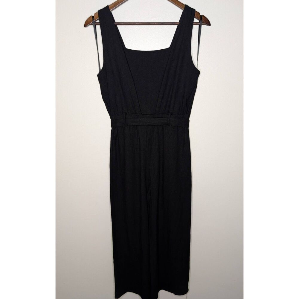 Monteau Los Angeles Black Linen Blend Tank Jumpsuit Wide Leg Tie Waist Pockets